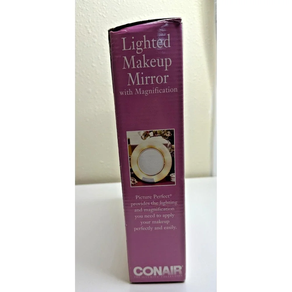 NEW Vtg Conair Lighted Makeup Mirror Round Two Sided 2000 Folds Stand